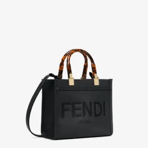 Fendi Sunshine Small Structured Leather Shopper Bag with Roma Logo and Tortoiseshell Handles