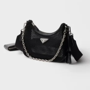 Prada Re-Edition Mesh Shoulder Bag with Brushed Leather Trim and Detachable Accessories